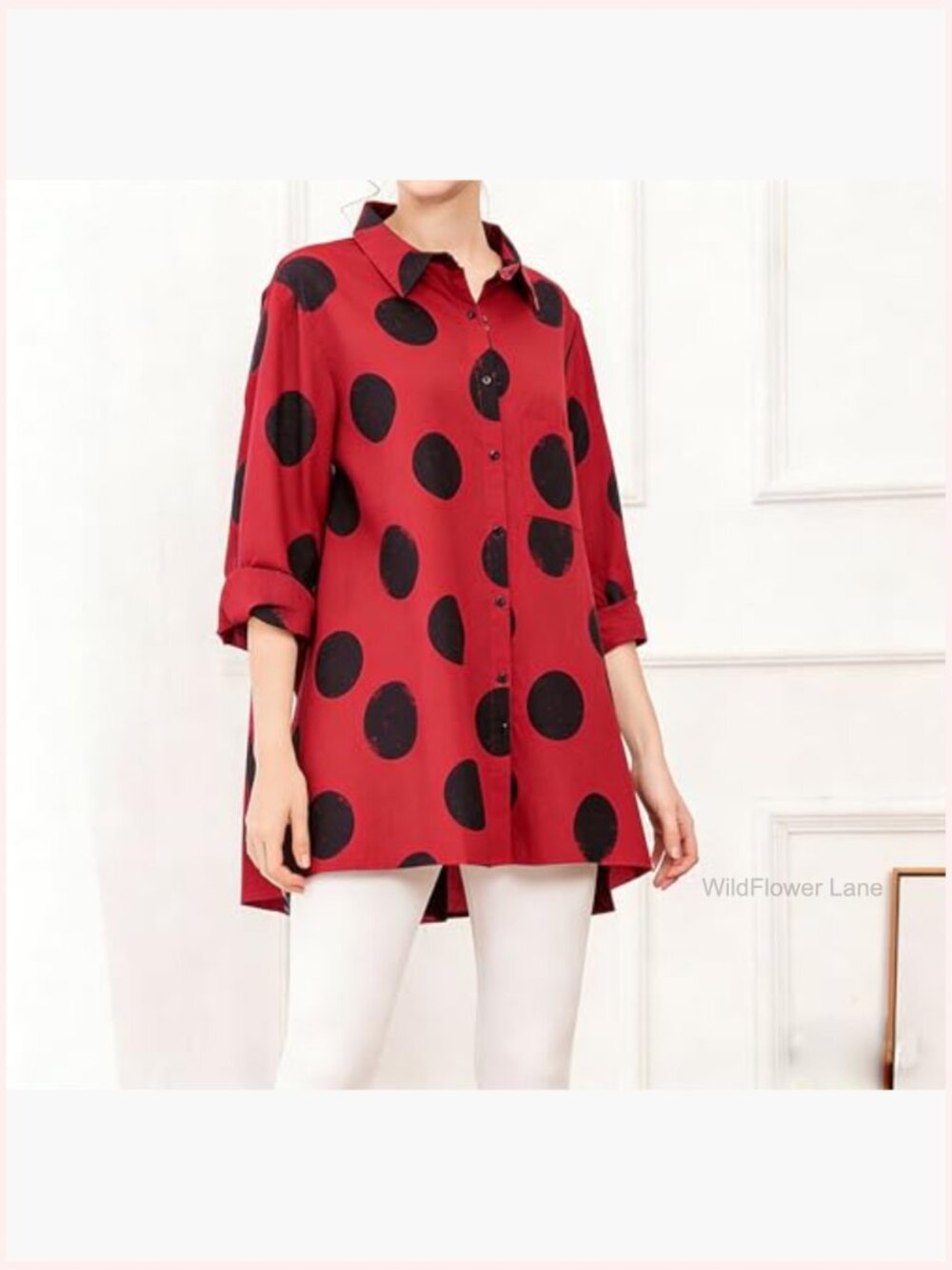 Women's Polka Dot Button Down Tunic Blouse Long Sleeve Cotton Shirt - Picture 5 of 7